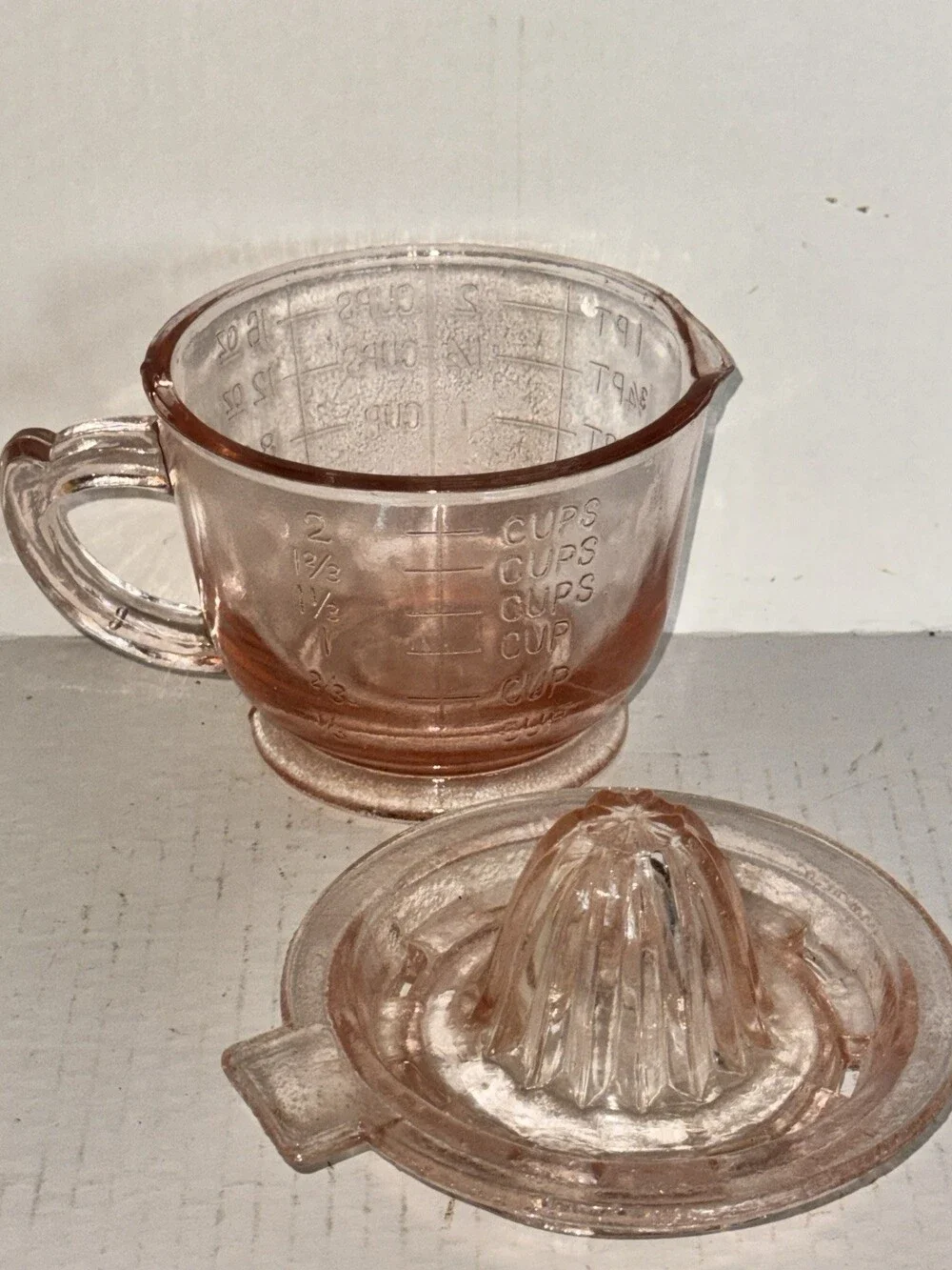 Vintage Pink Depression Glass 2 Cup Measuring Juicer Reamer Citrus Set